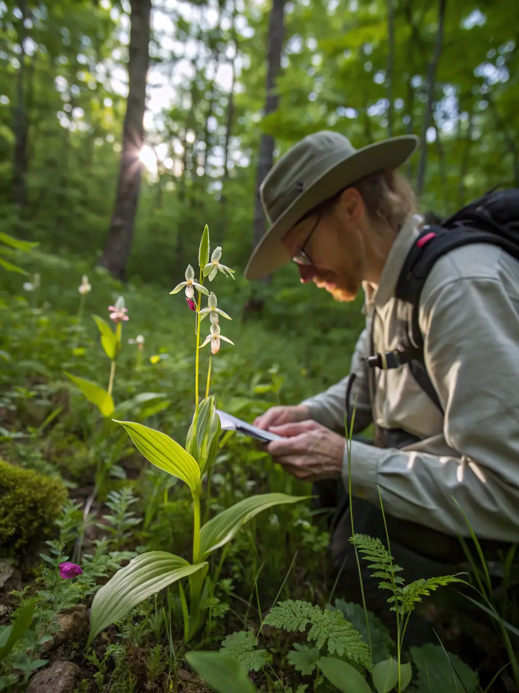 A close-up image of a CEN PACA researcher studying endangered plant species in a protected area, emphasizing the organization's scientific research and monitoring activities to inform conservation strategies.