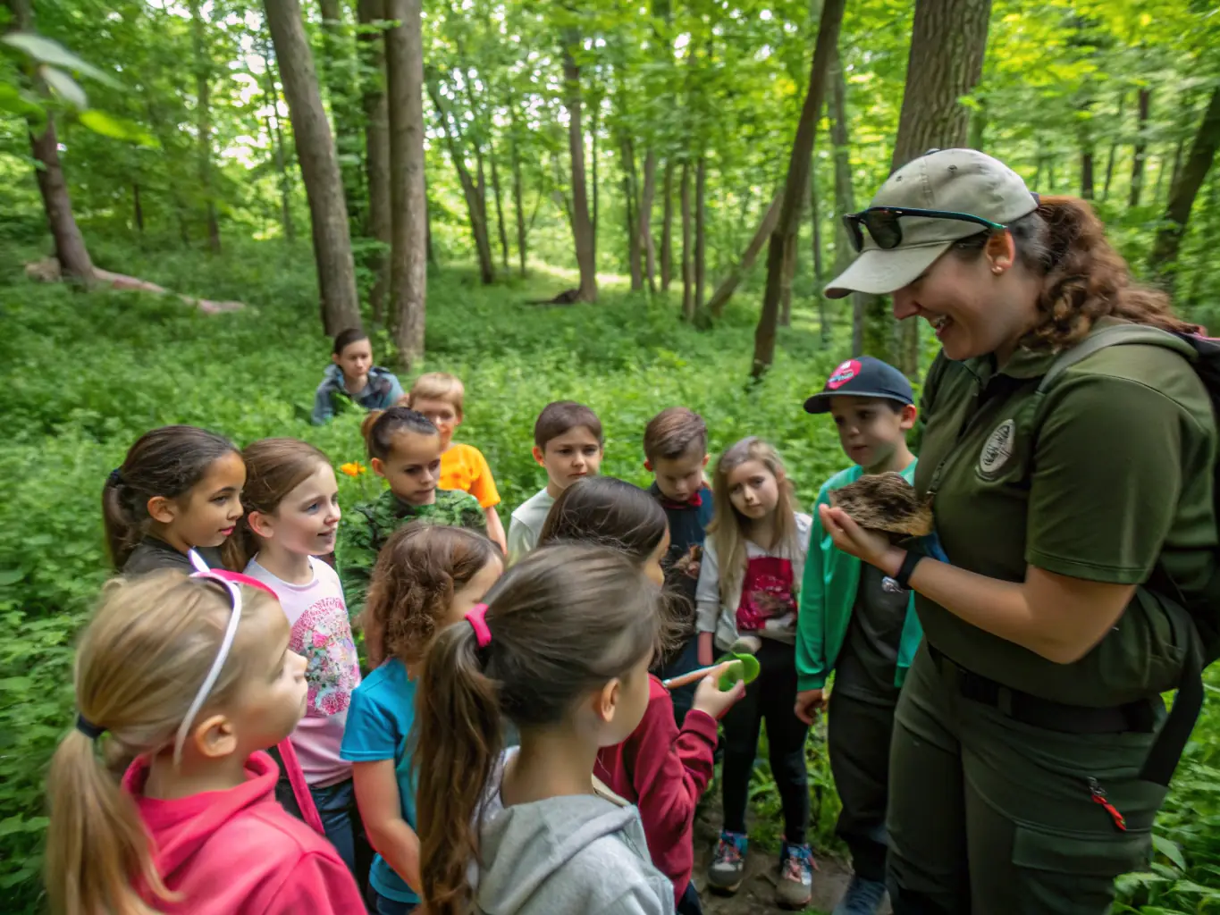 A group of students participating in an outdoor environmental education program, learning about local flora and fauna.
