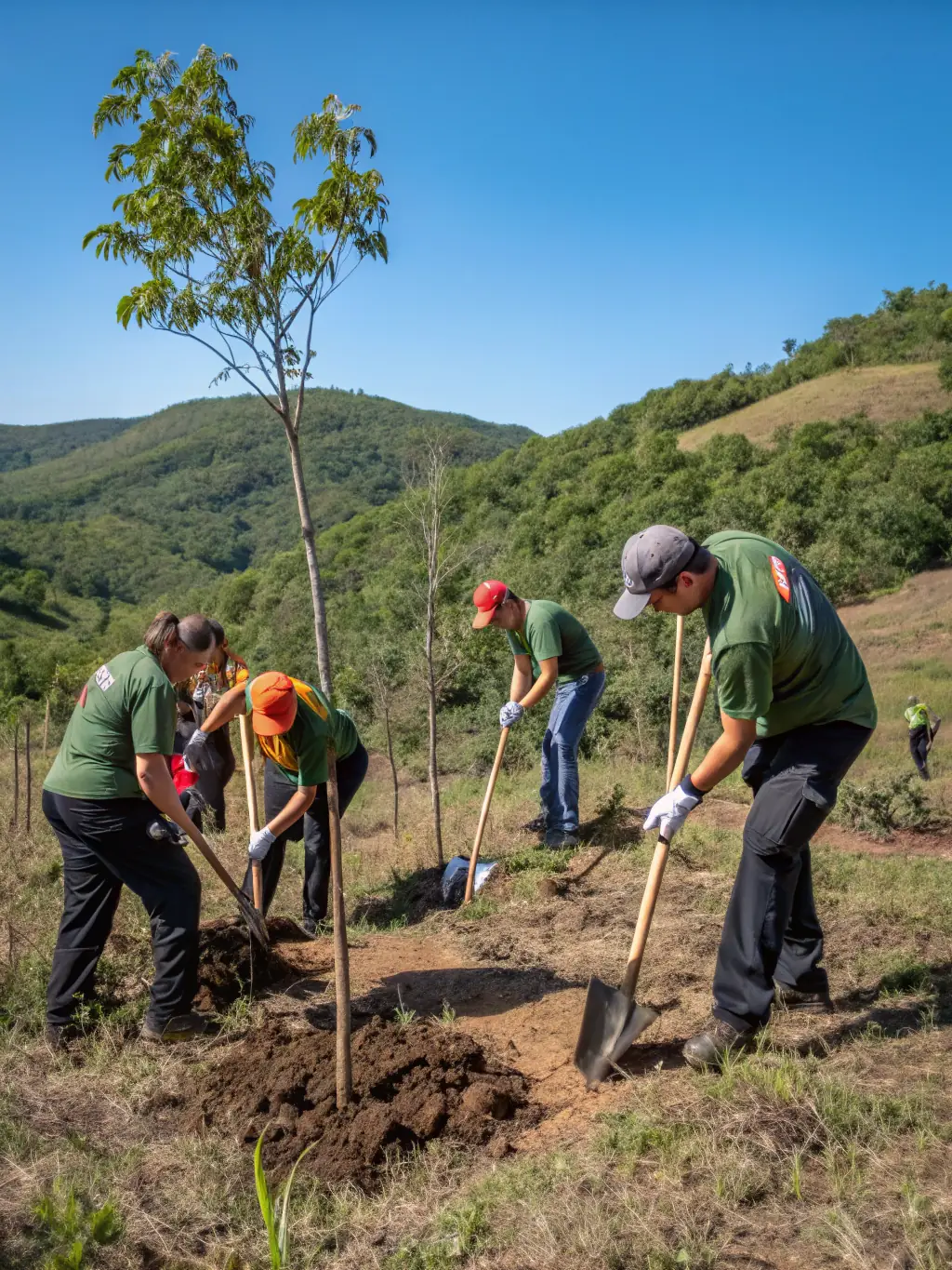 A photograph of CEN PACA team members planting native trees in a deforested area of the Alps, highlighting the organization's reforestation efforts to combat climate change and restore natural habitats.